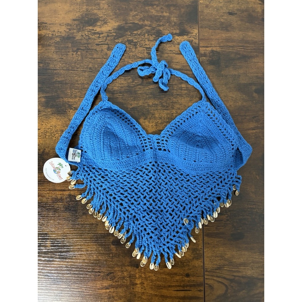 Island Planet Miami‎ Beach Blue Crochet Shell Beads Crop Top Size S